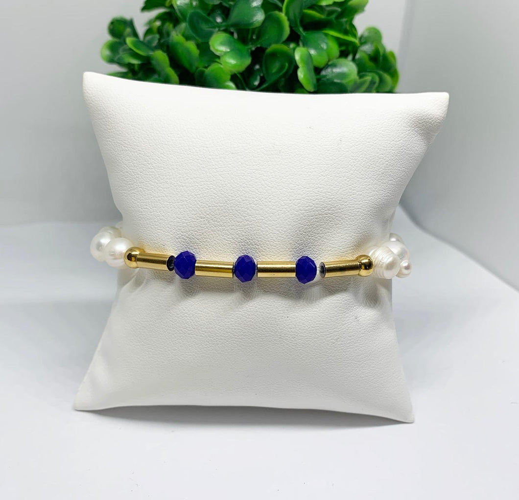 Pulsera Perla y Piedra Azul